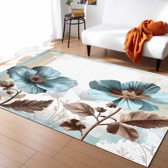 Area Rugs Indoor Non-Slip Rectangle Rug 4x6 Ft Rustic Blue Broccoli Flower Brown Leaf Farmhouse Vintage Rug Rubber Backing Floor Mats Non Shedding Home Decor Carpet for Entryway Living Room
