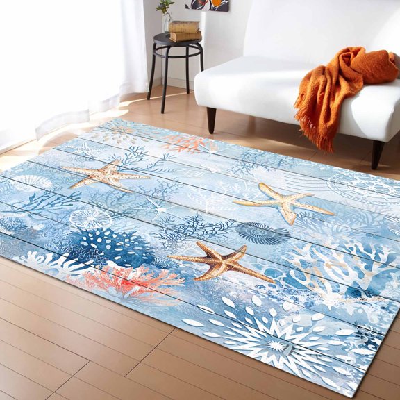 Area Rugs Indoor Non-Slip Rectangle Rug 4x6 Ft Sea Animals Summer Ocean Beach Starfish Coral Wood Board Rug Rubber Backing Floor Mats Non Shedding Home Decor Carpet for Entryway Living Room