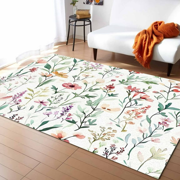 Area Rugs Indoor Non-Slip Rectangle Rug 4x6 Ft Spring Sage Floral Watercolor Style Red Flower Rug Rubber Backing Floor Mats Non Shedding Home Decor Carpet for Entryway Living Room