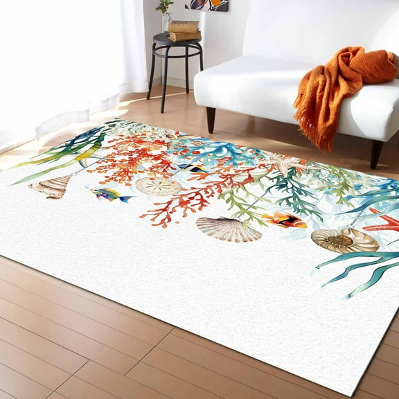 Area Rugs Indoor Non-Slip Rectangle Rug 4x6 Ft Summer Coastal Coral Seaweed Shell Starfish Fish Nautical Rug Rubber Backing Floor Mats Non Shedding Home Decor Carpet for Entryway Living Room
