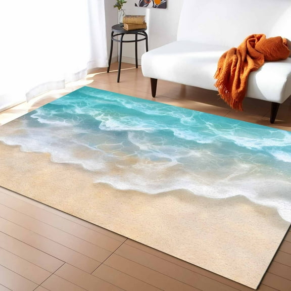 Area Rugs Indoor Non-Slip Rectangle Rug 4x6 Ft Summer Coastal Teal Beach Ocean Wave Rug Rubber Backing Floor Mats Non Shedding Home Decor Carpet for Entryway Living Room