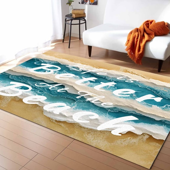 Area Rugs Indoor Non-Slip Rectangle Rug 4x6 Ft Summer Life Is Better At The Beach Beach Ocean Rug Rubber Backing Floor Mats Non Shedding Home Decor Carpet for Entryway Living Room