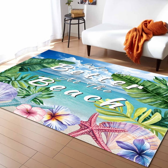 Area Rugs Indoor Non-Slip Rectangle Rug 4x6 Ft Summer Life Is Better At The Beach Ocean Plants Shells Rug Rubber Backing Floor Mats Non Shedding Home Decor Carpet for Entryway Living Room