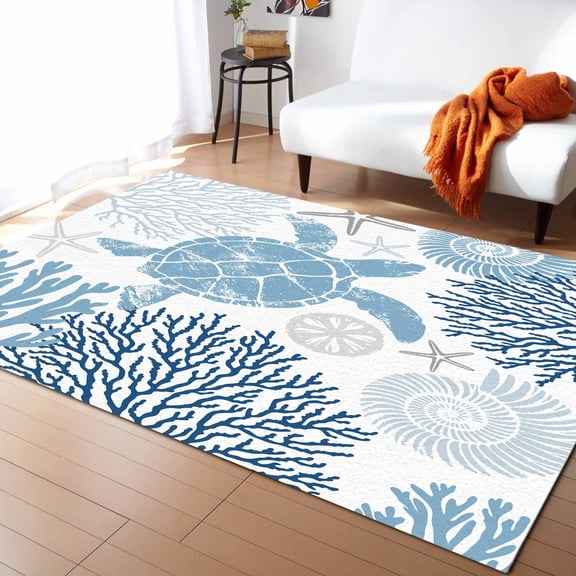 Area Rugs Indoor Non-Slip Rectangle Rug 4x6 Ft Summer Navy Blue Grey Coastal Ocean Sea Turtle Coral Seashell Rug Rubber Backing Floor Mats Non Shedding Home Decor Carpet for Entryway Living Room