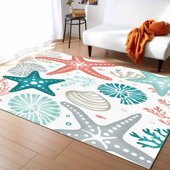 Area Rugs Indoor Non-Slip Rectangle Rug 4x6 Ft Summer Ocean Teal and Red Grey Coral Starfish Seashells Rug Rubber Backing Floor Mats Non Shedding Home Decor Carpet for Entryway Living Room