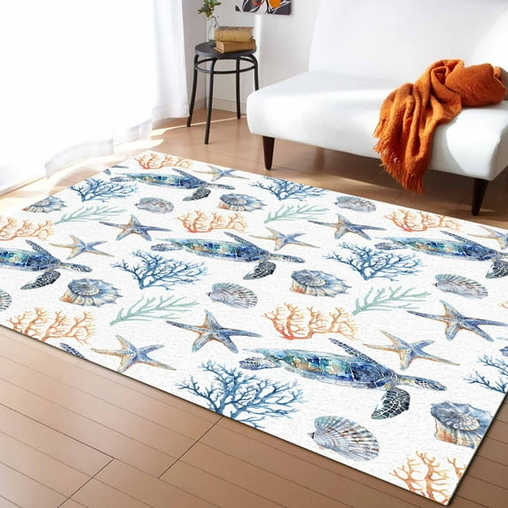 Area Rugs Indoor Non-Slip Rectangle Rug 4x6 Ft Summer Ocean Turtle Seashell Starfish Coral Rug Rubber Backing Floor Mats Non Shedding Home Decor Carpet for Entryway Living Room