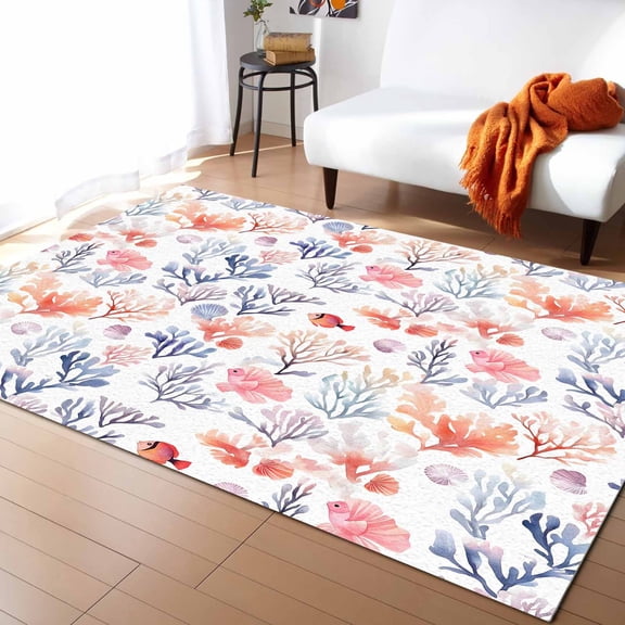 Area Rugs Indoor Non-Slip Rectangle Rug 4x6 Ft Summer Retro Red Blue Watercolor Ocean Coral Fish Rug Rubber Backing Floor Mats Non Shedding Home Decor Carpet for Entryway Living Room