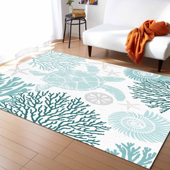 Area Rugs Indoor Non-Slip Rectangle Rug 4x6 Ft Summer Turquoise Coastal Ocean Sea Turtle Coral Seashell Rug Rubber Backing Floor Mats Non Shedding Home Decor Carpet for Entryway Living Room
