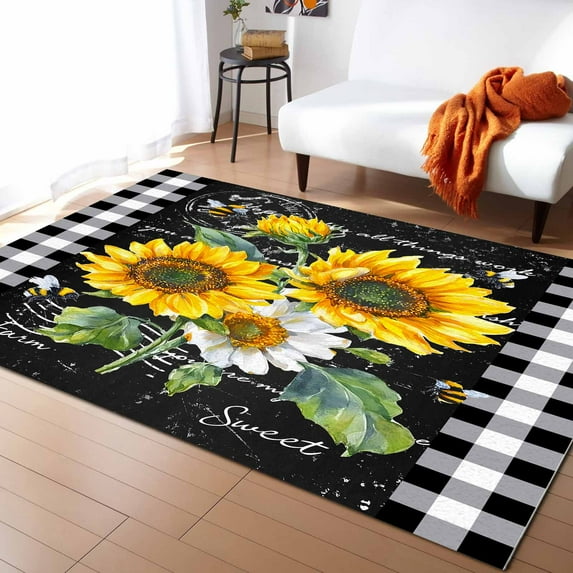 Area Rugs Indoor Non-Slip Rectangle Rug 4x6 Ft Sunflowers Vintage Floral Bee Farmhouse Black Buffalo Plaid Rug Rubber Backing Floor Mats Non Shedding Home Decor Carpet for Entryway Living Room