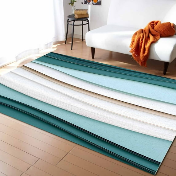 Area Rugs Indoor Non-Slip Rectangle Rug 4x6 Ft Teal Beige Gradient Wave Abstract Ombre Gradient Modern Rug Rubber Backing Floor Mats Non Shedding Home Decor Carpet for Entryway Living Room