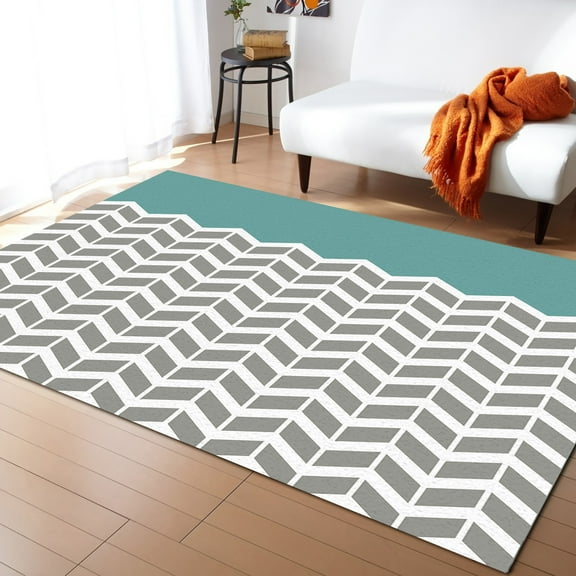 Area Rugs Indoor Non-Slip Rectangle Rug 4x6 Ft Teal Grey Herringbone Abstract Rug Rubber Backing Floor Mats Non Shedding Home Decor Carpet for Entryway Living Room