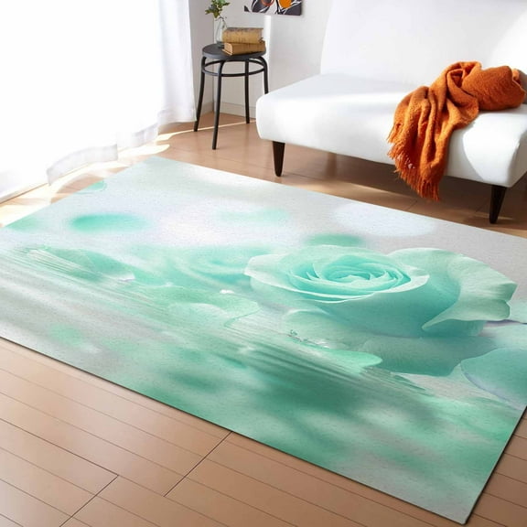 Area Rugs Indoor Non-Slip Rectangle Rug 4x6 Ft Teal Rose Floral Reflection Water Nature Dreamy Rug Rubber Backing Floor Mats Non Shedding Home Decor Carpet for Entryway Living Room