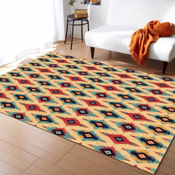 Area Rugs Indoor Non-Slip Rectangle Rug 4x6 Ft Vintage Boho Geometric Ethnic Abstract Pattern Rug Rubber Backing Floor Mats Non Shedding Home Decor Carpet for Entryway Living Room