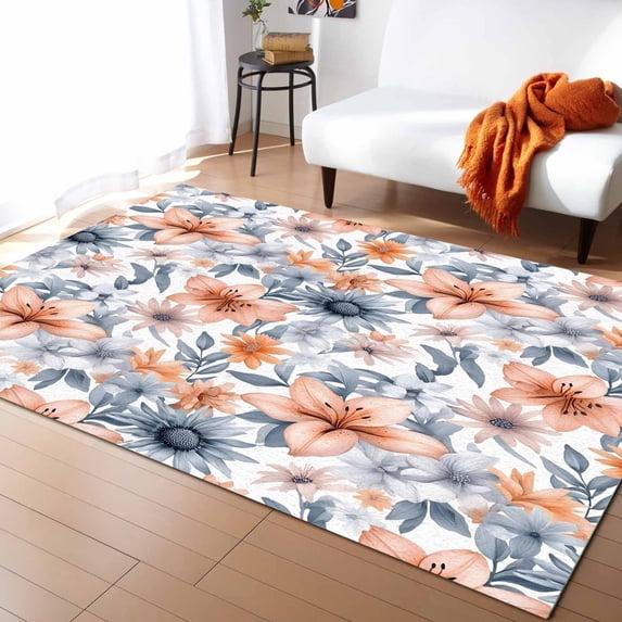 Area Rugs Indoor Non-Slip Rectangle Rug 4x6 Ft Watercolor Daisy Lily Vintage Flower Plant Rug Rubber Backing Floor Mats Non Shedding Home Decor Carpet for Entryway Living Room