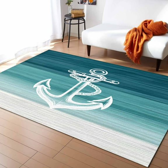 Area Rugs Indoor Non-Slip Rectangle Rug 4x6 Ft White Anchor Teal Ocean Gradient Nautical Rug Rubber Backing Floor Mats Non Shedding Home Decor Carpet for Entryway Living Room