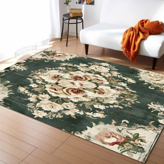 Area Rugs Indoor Non-Slip Rectangle Rug 4x6 Ft off White Flowers Floral Oriental Green Vintage Retro Rug Rubber Backing Floor Mats Non Shedding Home Decor Carpet for Entryway Living Room
