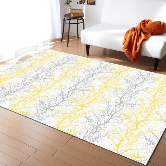 Area Rugs Indoor Non-Slip Rectangle Rug 4x6 Ft Yellow Grey Tree Branch Rug Rubber Backing Floor Mats Non Shedding Home Decor Carpet for Entryway Living Room