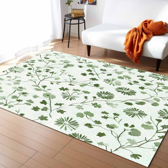 Area Rugs Indoor Non-Slip Rectangle Rug 5x7 Ft Abstract Floral Retro Sage Green Flower Texture Rug Rubber Backing Floor Mats Non Shedding Home Decor Carpet for Entryway Living Room