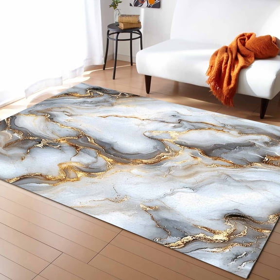 Area Rugs Indoor Non-Slip Rectangle Rug 5x7 Ft Abstract Impressionist Gold Gary Marble Texture Rug Rubber Backing Floor Mats Non Shedding Home Decor Carpet for Entryway Living Room