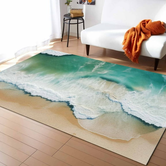 Area Rugs Indoor Non-Slip Rectangle Rug 5x7 Ft Abstract Summer Green Ocean Beach Blue Wave Rug Rubber Backing Floor Mats Non Shedding Home Decor Carpet for Entryway Living Room
