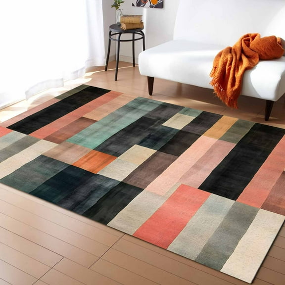 Area Rugs Indoor Non-Slip Rectangle Rug 5x7 Ft Art Deco Abstract Blue Pink Black Square Rug Rubber Backing Floor Mats Non Shedding Home Decor Carpet for Entryway Living Room