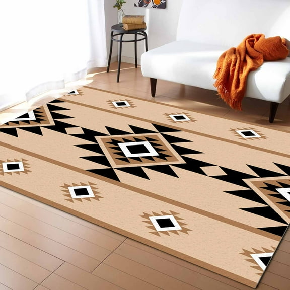 Area Rugs Indoor Non-Slip Rectangle Rug 5x7 Ft Aztec Triangle Pattern Brown Black Western Tribal Rug Rubber Backing Floor Mats Non Shedding Home Decor Carpet for Entryway Living Room