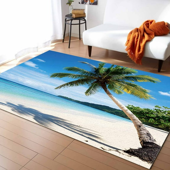 Area Rugs Indoor Non-Slip Rectangle Rug 5x7 Ft Beach Palm Tree Summer Ocean Blue Sky Tropical Island Rug Rubber Backing Floor Mats Non Shedding Home Decor Carpet for Entryway Living Room