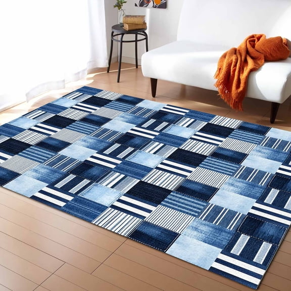 Area Rugs Indoor Non-Slip Rectangle Rug 5x7 Ft Blue Patchwork Blue Checkered Linen Texture Striped Rug Rubber Backing Floor Mats Non Shedding Home Decor Carpet for Entryway Living Room
