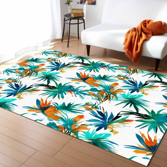 Area Rugs Indoor Non-Slip Rectangle Rug 5x7 Ft Brown Blue Palm Leaf Tropical Plant Minimalist Style Summer Rug Rubber Backing Floor Mats Non Shedding Home Decor Carpet for Entryway Living Room