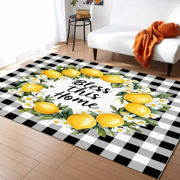 Area Rugs Indoor Non-Slip Rectangle Rug 5x7 Ft Country Bless This Home Yellow Lemon Black White Plaid Rug Rubber Backing Floor Mats Non Shedding Home Decor Carpet for Entryway Living Room