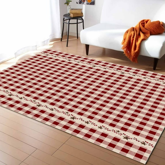 Area Rugs Indoor Non-Slip Rectangle Rug 5x7 Ft Farmhouse Berry Red Buffalo Plaid American Country Rustic Rug Rubber Backing Floor Mats Non Shedding Home Decor Carpet for Entryway Living Room