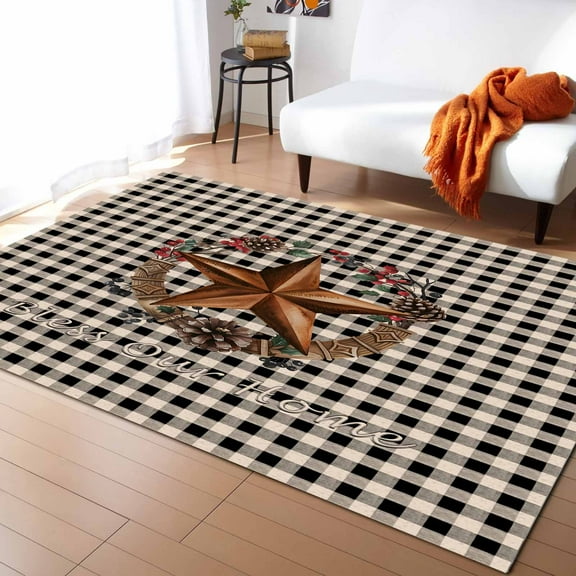 Area Rugs Indoor Non-Slip Rectangle Rug 5x7 Ft Farmhouse Country Star Bless This Home Black Buffalo Plaid Rug Rubber Backing Floor Mats Non Shedding Home Decor Carpet for Entryway Living Room