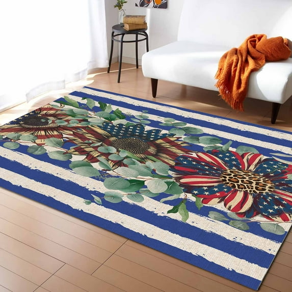 Area Rugs Indoor Non-Slip Rectangle Rug 5x7 Ft Independence Day USA Flag Sunflower Blue White Stripe Rug Rubber Backing Floor Mats Non Shedding Home Decor Carpet for Entryway Living Room