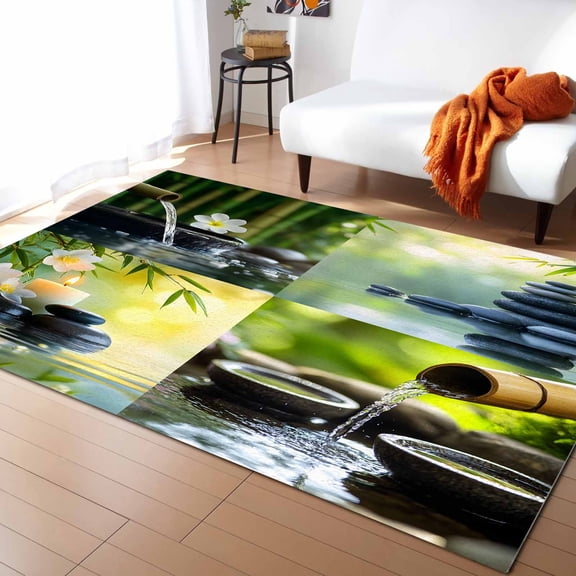 Area Rugs Indoor Non-Slip Rectangle Rug 5x7 Ft Modern Country Flowing Water Forest Flowers Stone Rug Rubber Backing Floor Mats Non Shedding Home Decor Carpet for Entryway Living Room