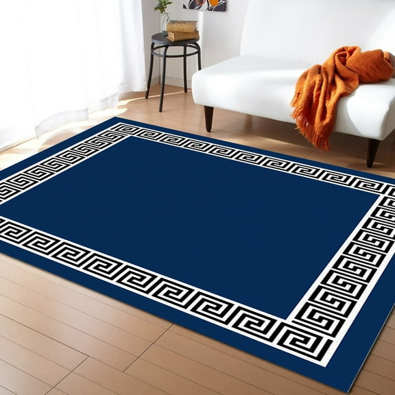 Area Rugs Indoor Non-Slip Rectangle Rug 5x7 Ft Navy Blue Greek Chinese Style Border Geometric Rug Rubber Backing Floor Mats Non Shedding Home Decor Carpet for Entryway Living Room