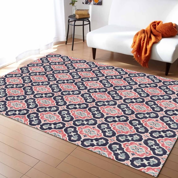 Area Rugs Indoor Non-Slip Rectangle Rug 5x7 Ft Pink Boho Retro Geometric Ethnic Abstract Pattern Rug Rubber Backing Floor Mats Non Shedding Home Decor Carpet for Entryway Living Room