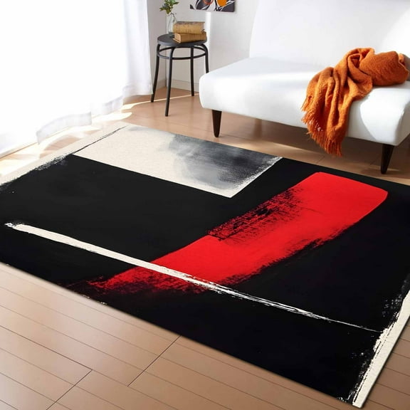 Area Rugs Indoor Non-Slip Rectangle Rug 5x7 Ft Red Black Brush Dark Style Modern Street Art Rug Rubber Backing Floor Mats Non Shedding Home Decor Carpet for Entryway Living Room
