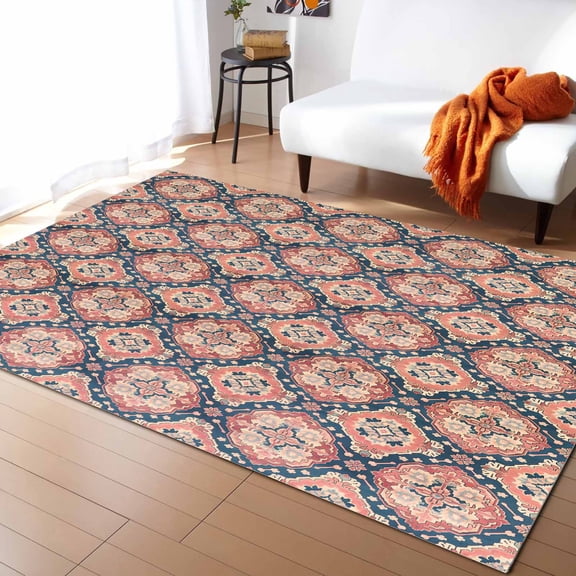 Area Rugs Indoor Non-Slip Rectangle Rug 5x7 Ft Red Southwest Ethnic Group Country Retro Style Rug Rubber Backing Floor Mats Non Shedding Home Decor Carpet for Entryway Living Room