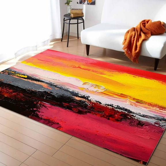 Area Rugs Indoor Non-Slip Rectangle Rug 5x7 Ft Red Yellow Graffiti Sunset Sunrise Abstract Oil Painting Rug Rubber Backing Floor Mats Non Shedding Home Decor Carpet for Entryway Living Room