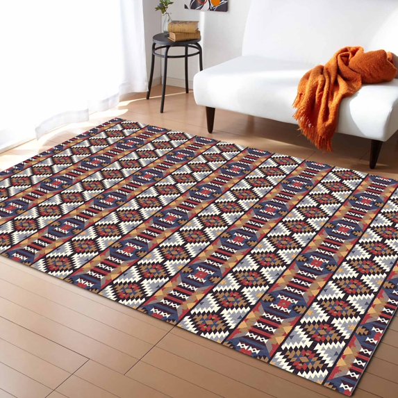 Area Rugs Indoor Non-Slip Rectangle Rug 5x7 Ft Retro Country Southwest Blue Yellow Ethnic Style Pattern Rug Rubber Backing Floor Mats Non Shedding Home Decor Carpet for Entryway Living Room