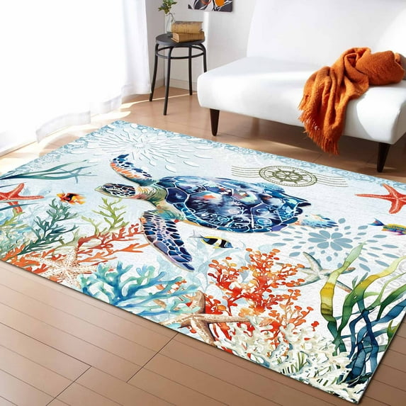 Area Rugs Indoor Non-Slip Rectangle Rug 5x7 Ft Retro Sea Turtle Starfish Coral Seaweed Summer Coastal Rug Rubber Backing Floor Mats Non Shedding Home Decor Carpet for Entryway Living Room