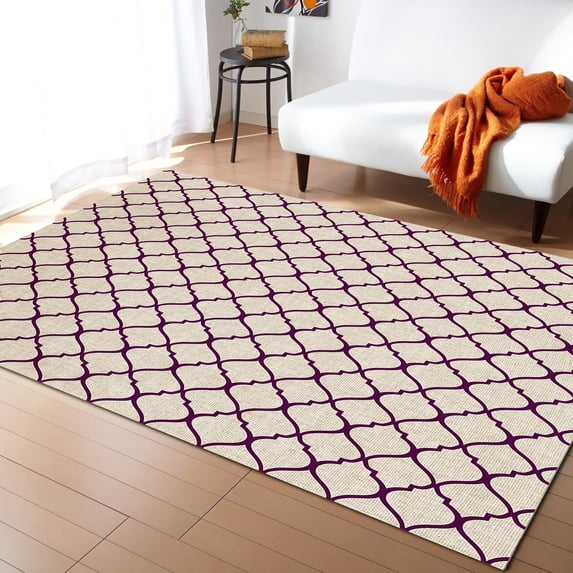 Area Rugs Indoor Non-Slip Rectangle Rug 5x7 Ft Rustic Moroccan Geometric Quatrefoil Purple Lattice Rug Rubber Backing Floor Mats Non Shedding Home Decor Carpet for Entryway Living Room