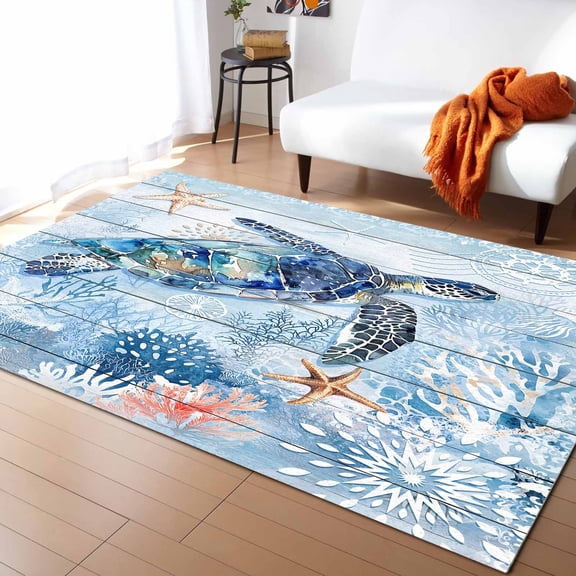 Area Rugs Indoor Non-Slip Rectangle Rug 5x7 Ft Sea Turtle Ocean Starfish Coral Blue Wood Grain Rug Rubber Backing Floor Mats Non Shedding Home Decor Carpet for Entryway Living Room