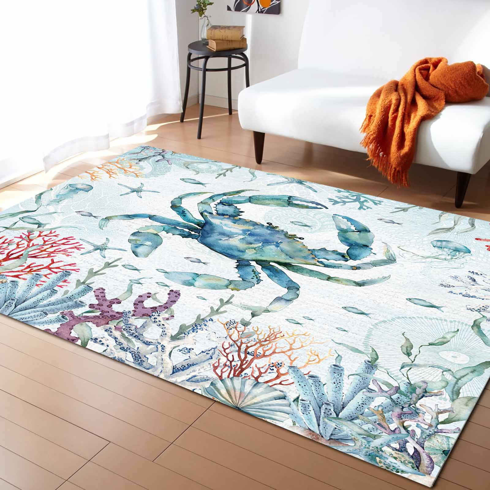 Area Rugs Indoor Non-Slip Rectangle Rug 5x7 Ft Summer Blue Ocean Crab ...