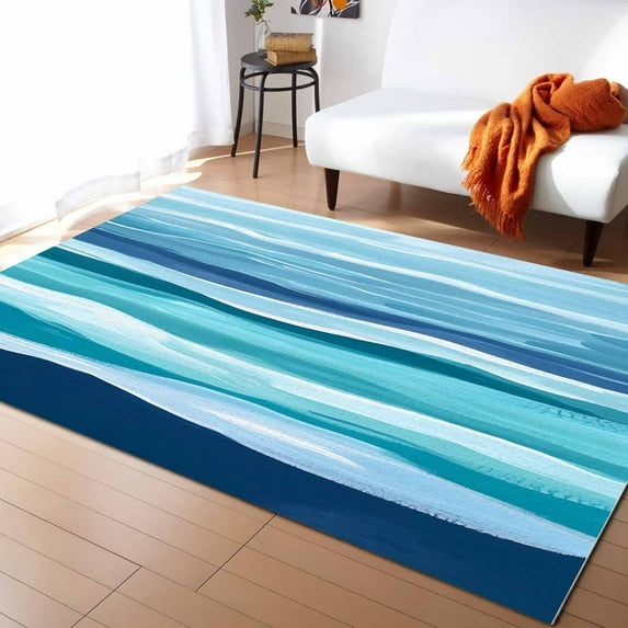 Area Rugs Indoor Non-Slip Rectangle Rug 5x7 Ft Summer Coastal Abstract Ocean Wave Blue Teal Stripes Rug Rubber Backing Floor Mats Non Shedding Home Decor Carpet for Entryway Living Room