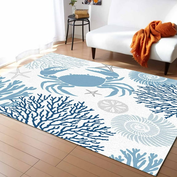 Area Rugs Indoor Non-Slip Rectangle Rug 5x7 Ft Summer Navy Blue Crab Coral Seashell Nautical Coastal Rug Rubber Backing Floor Mats Non Shedding Home Decor Carpet for Entryway Living Room