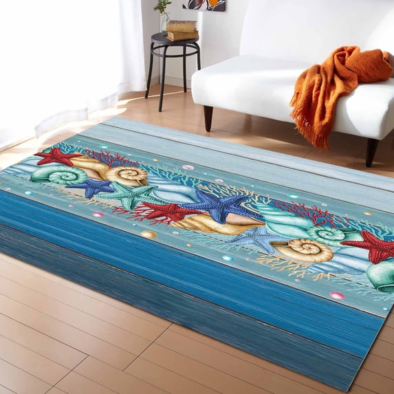 Area Rugs Indoor Non-Slip Rectangle Rug 5x7 Ft Summer Starfish Coral Shell Sea Animals Teal Wood Grain Rug Rubber Backing Floor Mats Non Shedding Home Decor Carpet for Entryway Living Room