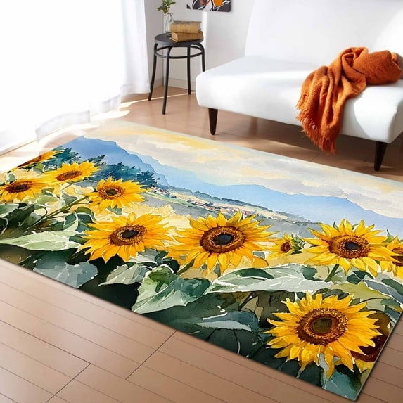 Area Rugs Indoor Non-Slip Rectangle Rug 5x7 Ft Summer Sunflowers Sky Mountain Watercolor Retro Landscape Rug Rubber Backing Floor Mats Non Shedding Home Decor Carpet for Entryway Living Room