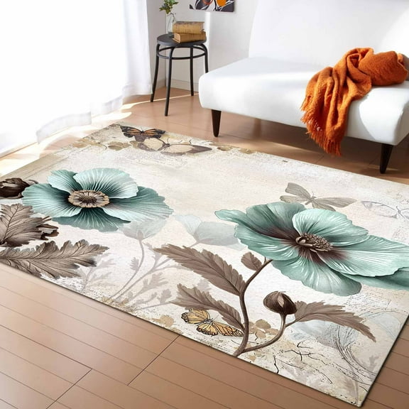 Area Rugs Indoor Non-Slip Rectangle Rug 5x7 Ft Teal Broccoli Rustic Flower Butterfly Brown Background Rug Rubber Backing Floor Mats Non Shedding Home Decor Carpet for Entryway Living Room