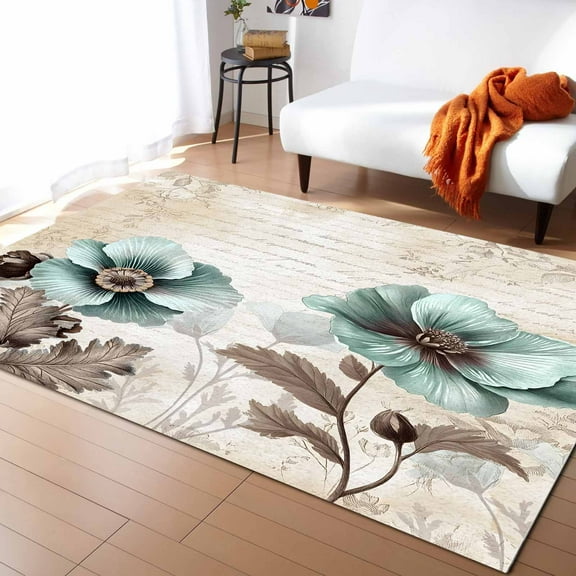 Area Rugs Indoor Non-Slip Rectangle Rug 5x7 Ft Teal Broccoli Rustic Flower Butterfly Retro Farmhouse Brown Rug Rubber Backing Floor Mats Non Shedding Home Decor Carpet for Entryway Living Room